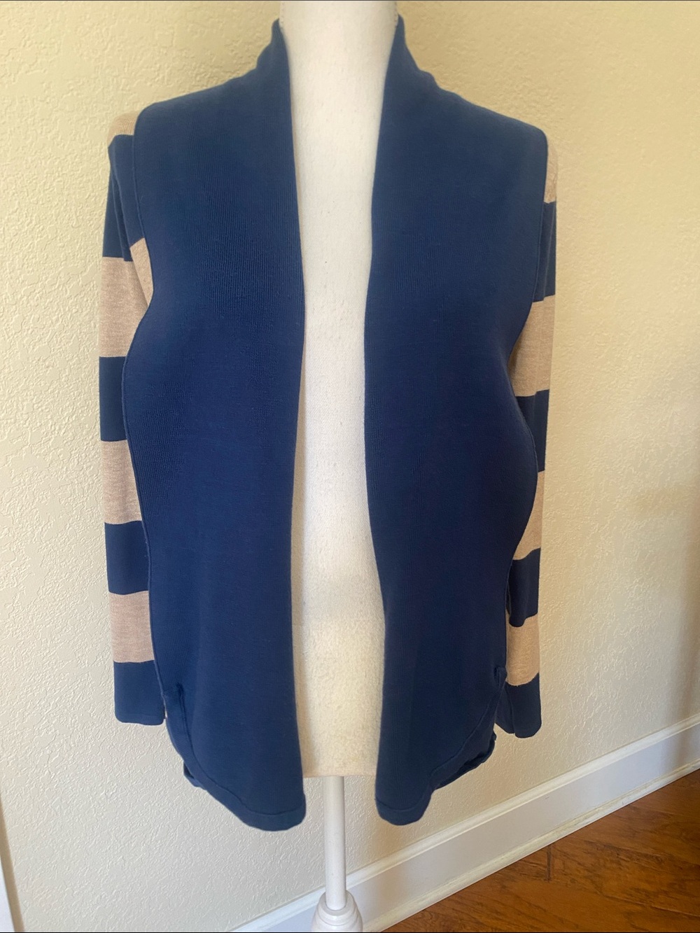 Cyrus Open-Front Cardigan in Navy and Tan Stripes